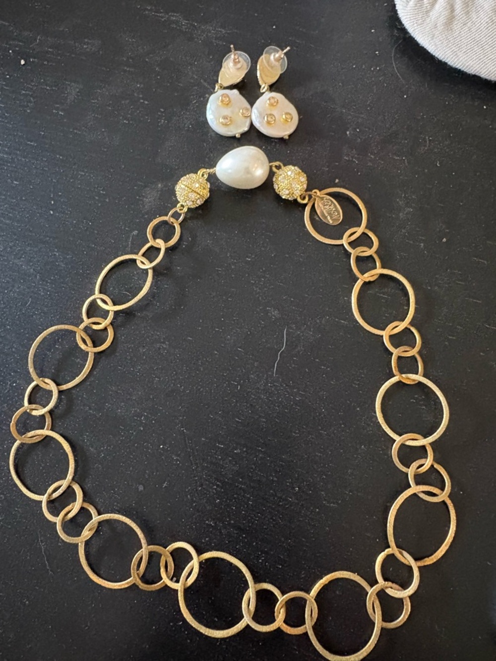 Gold Link with pearl accent Necklace and Matching Pearl Drop Earrings